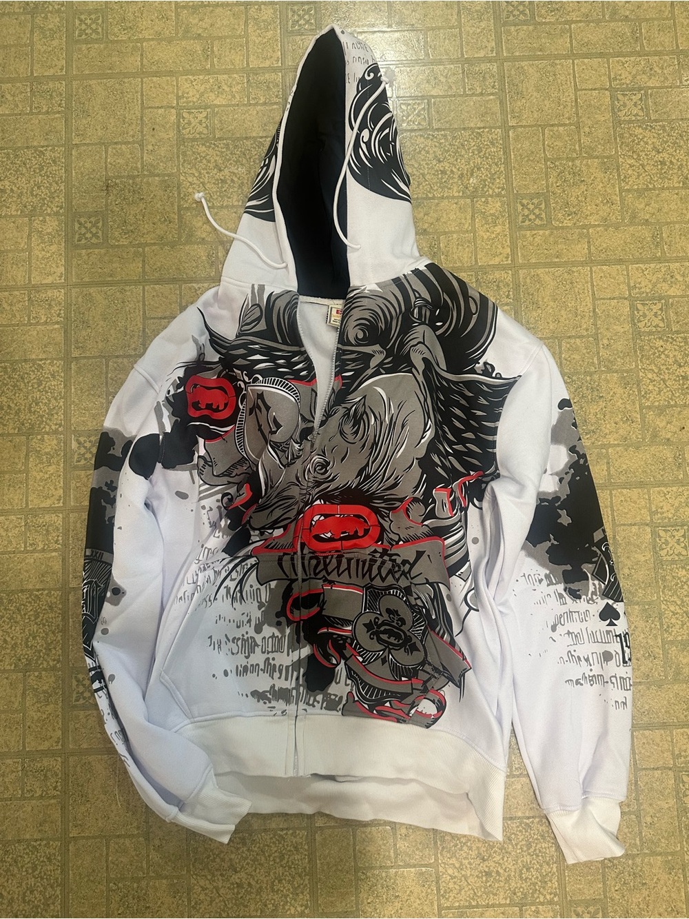 Ecko Unlimited White Hoodie with Black Trim and Red Logo Tag